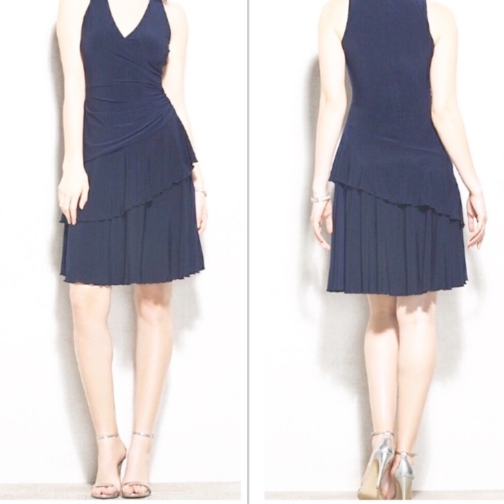 Carmen Marc Valvo Luxe Dress Navy Blue Ruching - Picture 1 of 15